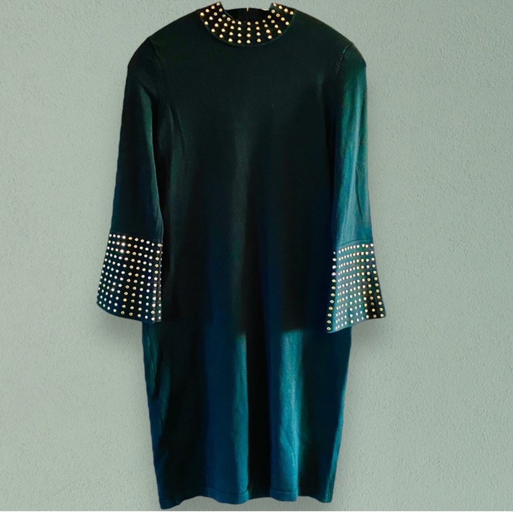 Calvin Klein Long Sleeve Green Mock Neck Sheath Dress With Gold Studs-NWT-L - Picture 3 of 15